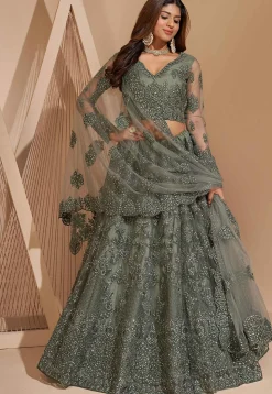 Embroidered Net Lehenga in Grey