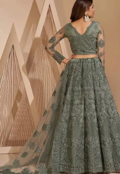 Embroidered Net Lehenga in Grey