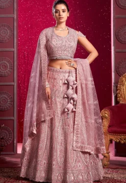 Embroidered Net Lehenga in Pink