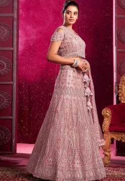 Embroidered Net Lehenga in Pink