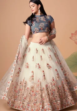Embroidered Net Lehenga in Cream