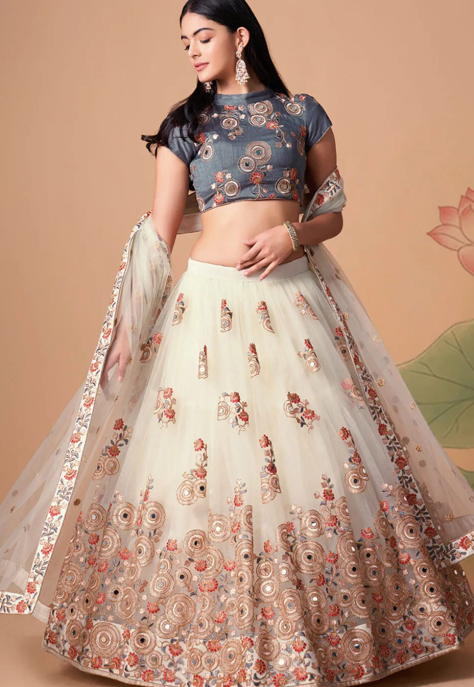 Embroidered Net Lehenga in Cream