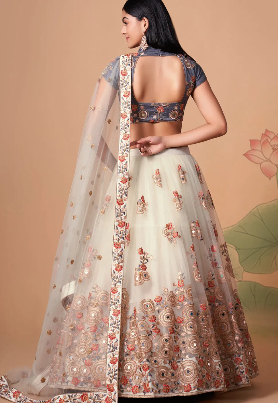 Embroidered Net Lehenga in Cream