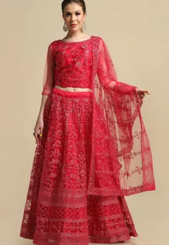 Embroidered Net Lehenga in Dark Pink