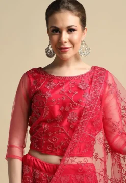 Embroidered Net Lehenga in Dark Pink