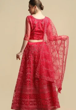 Embroidered Net Lehenga in Dark Pink