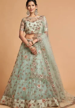 Embroidered Net Lehenga in Sea Green