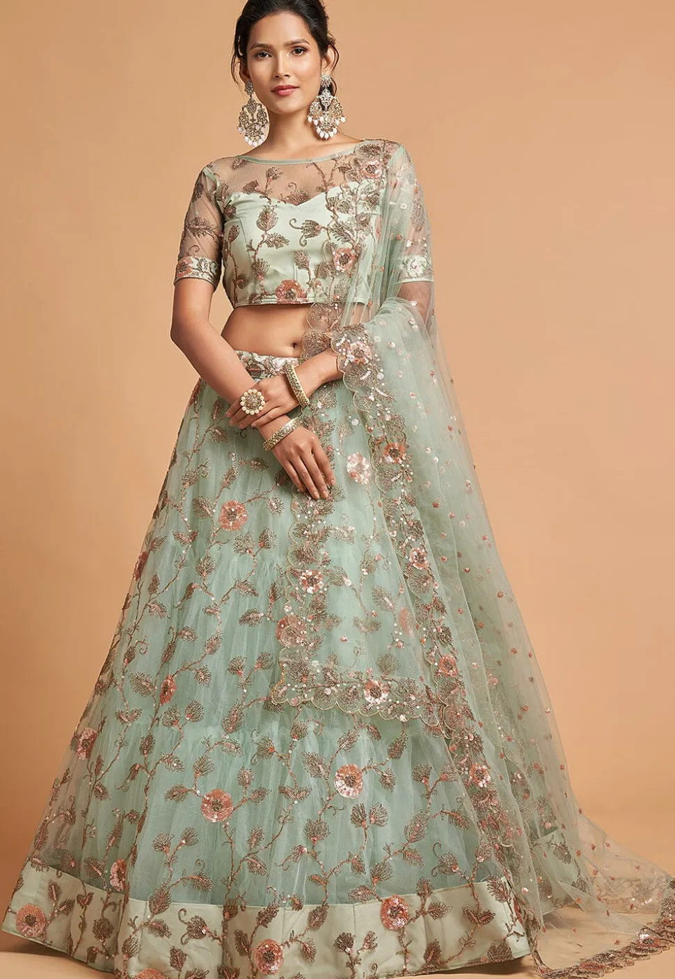 Embroidered Net Lehenga in Sea Green