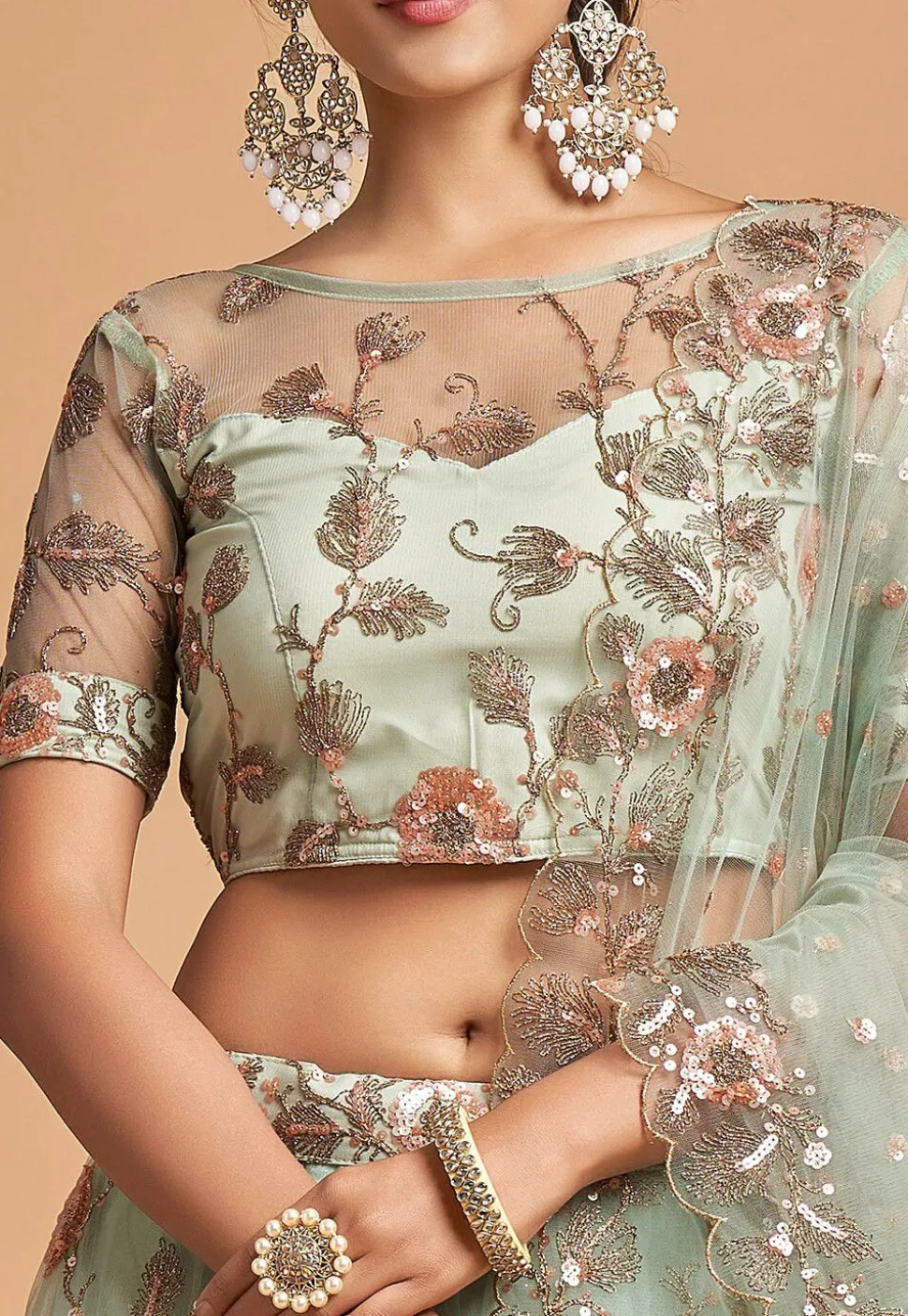 Embroidered Net Lehenga in Sea Green