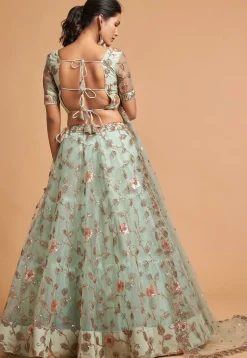 Embroidered Net Lehenga in Sea Green