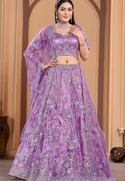 Embroidered Net Lehenga in Light Purple