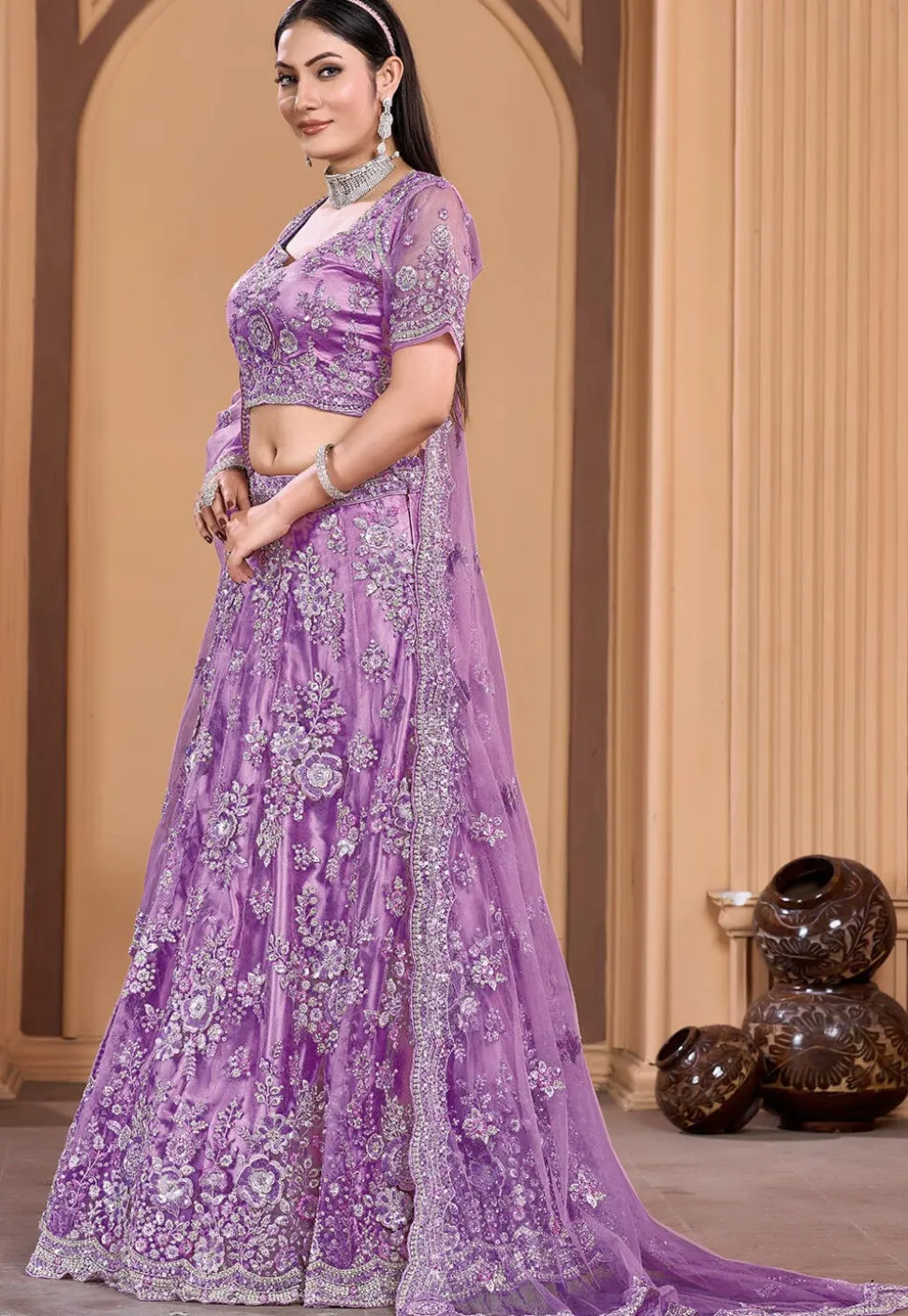 Embroidered Net Lehenga in Light Purple