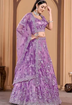 Embroidered Net Lehenga in Light Purple