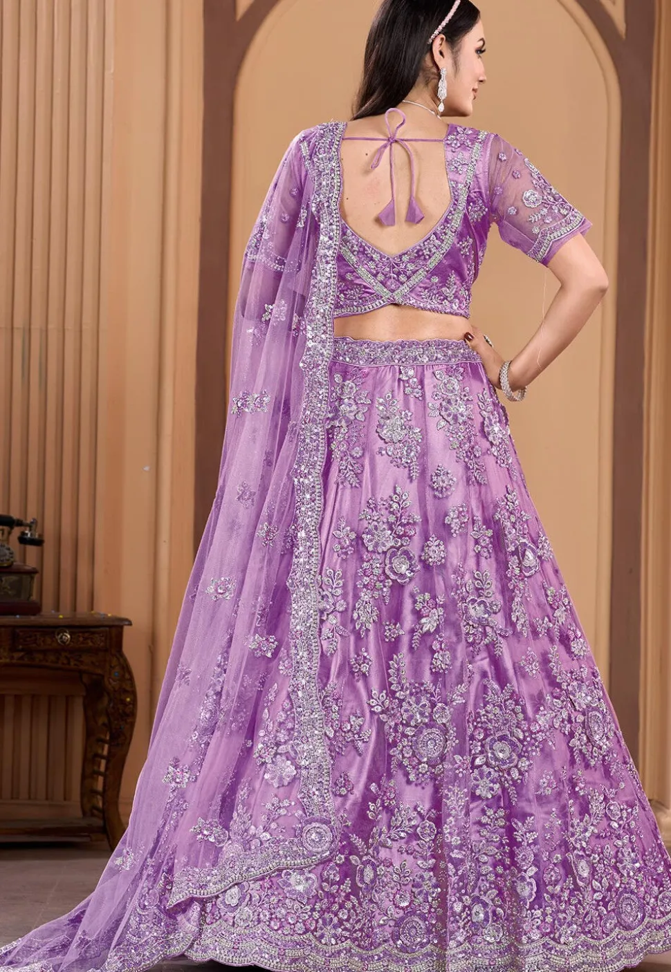 Embroidered Net Lehenga in Light Purple