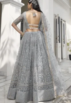 Embroidered Net Lehenga in Grey
