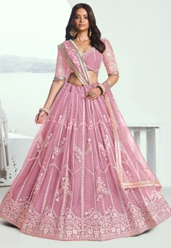 Embroidered Net Lehenga in Pink