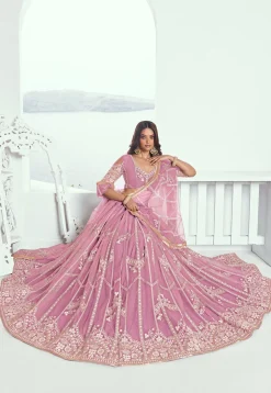 Embroidered Net Lehenga in Pink
