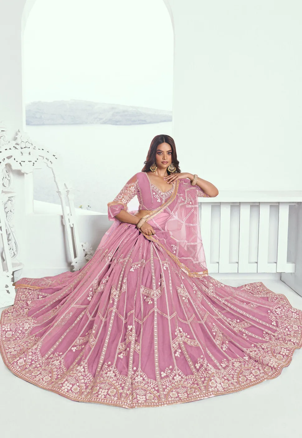 Embroidered Net Lehenga in Pink
