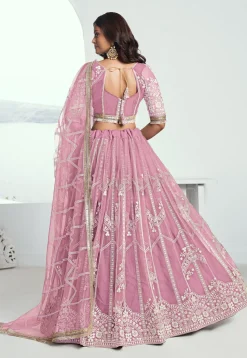 Embroidered Net Lehenga in Pink