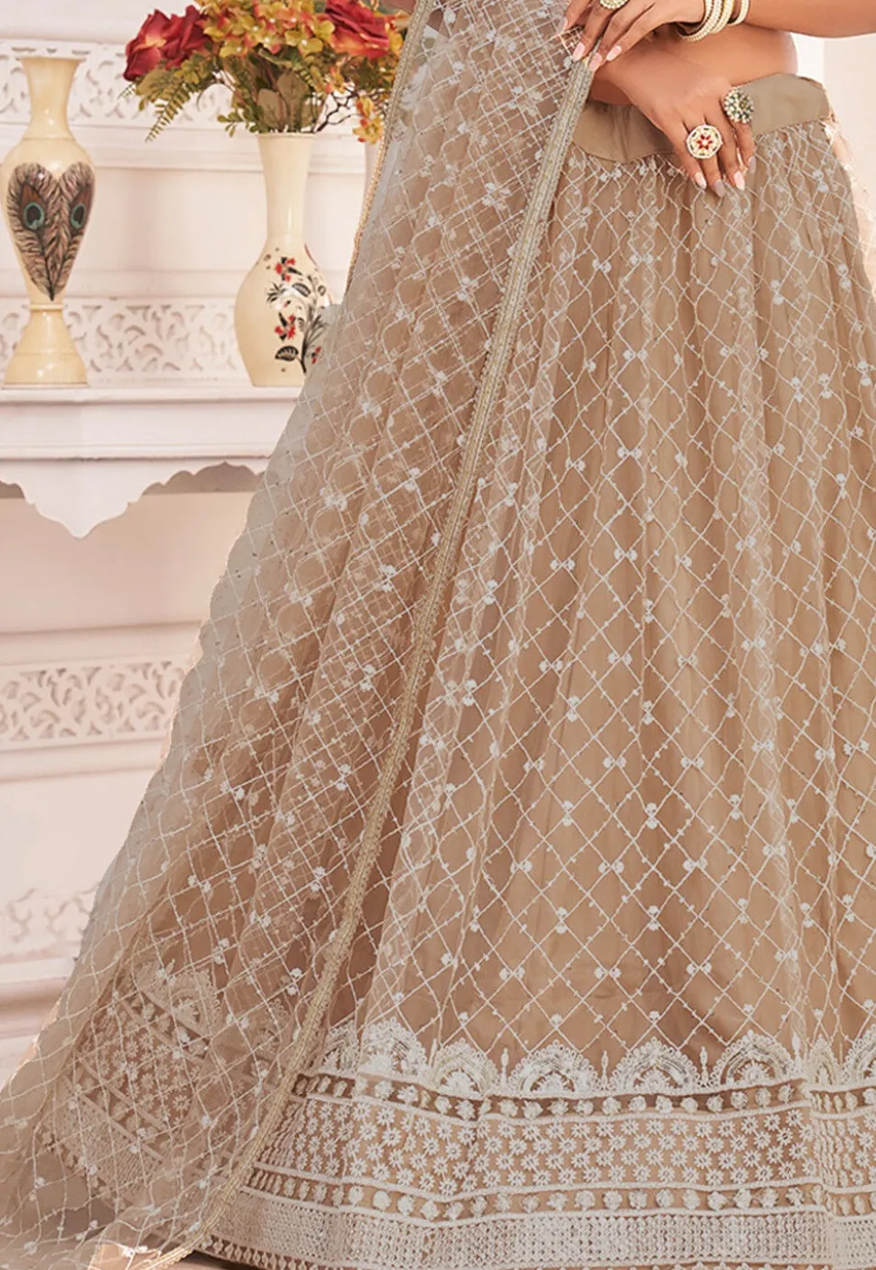 Embroidered Net Lehenga in Beige