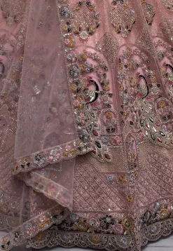 Embroidered Net Lehenga in Peach