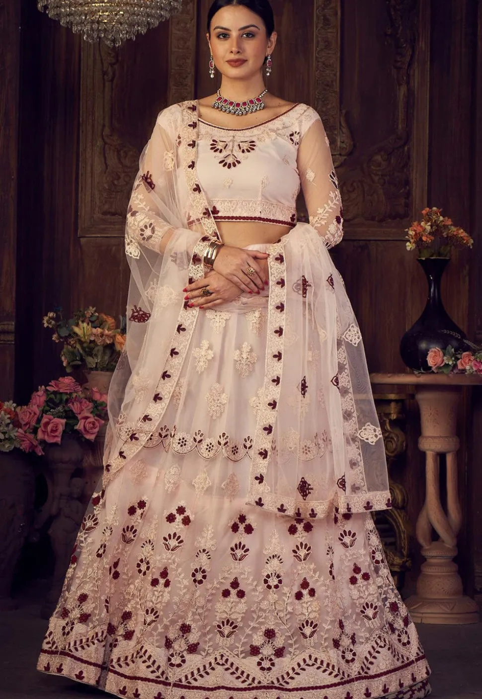 Embroidered Net Lehenga in Peach