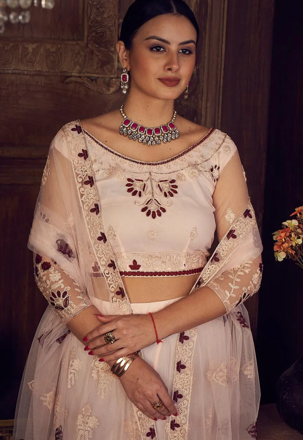 Embroidered Net Lehenga in Peach