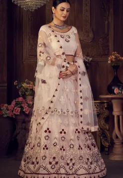Embroidered Net Lehenga in Peach