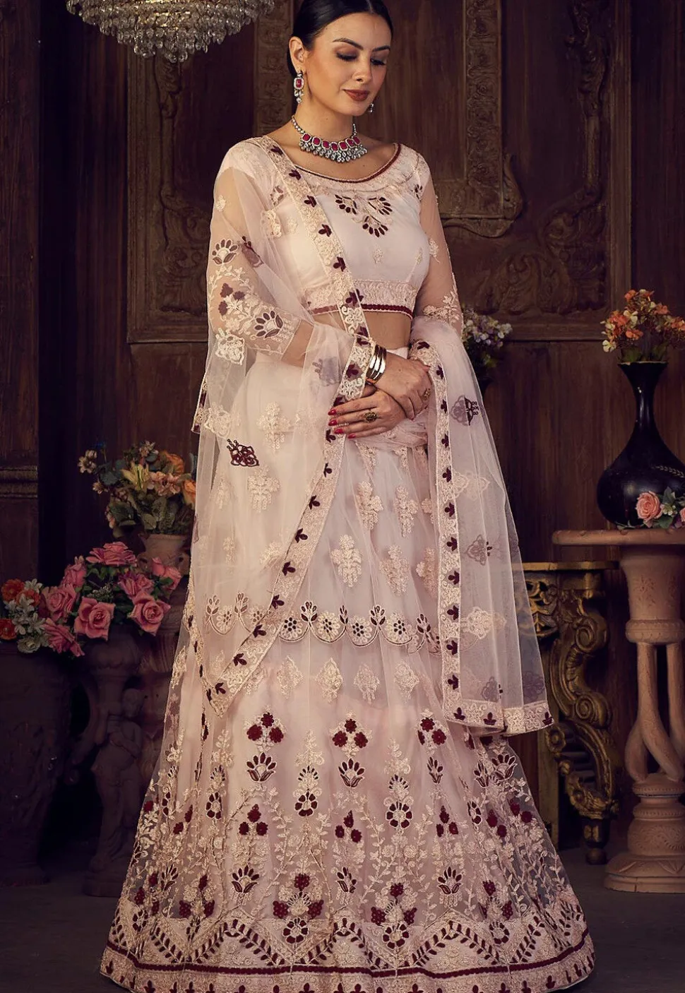 Embroidered Net Lehenga in Peach