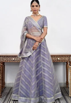 Embroidered Net Lehenga in Light Purple