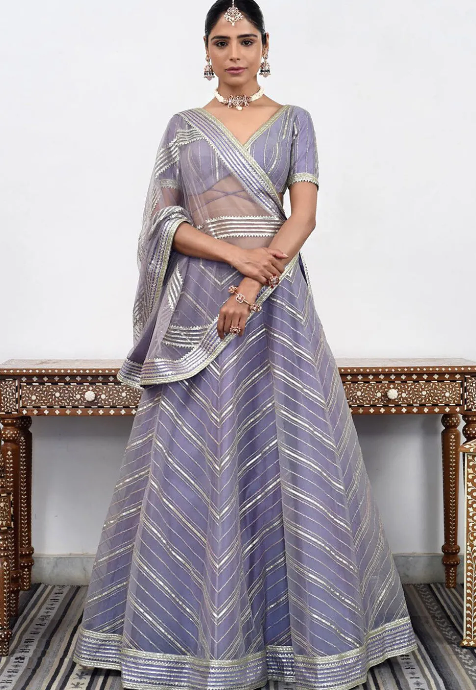 Embroidered Net Lehenga in Light Purple