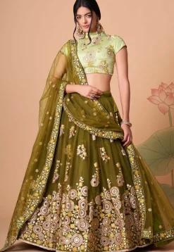 Embroidered Net Lehenga in Olive Green
