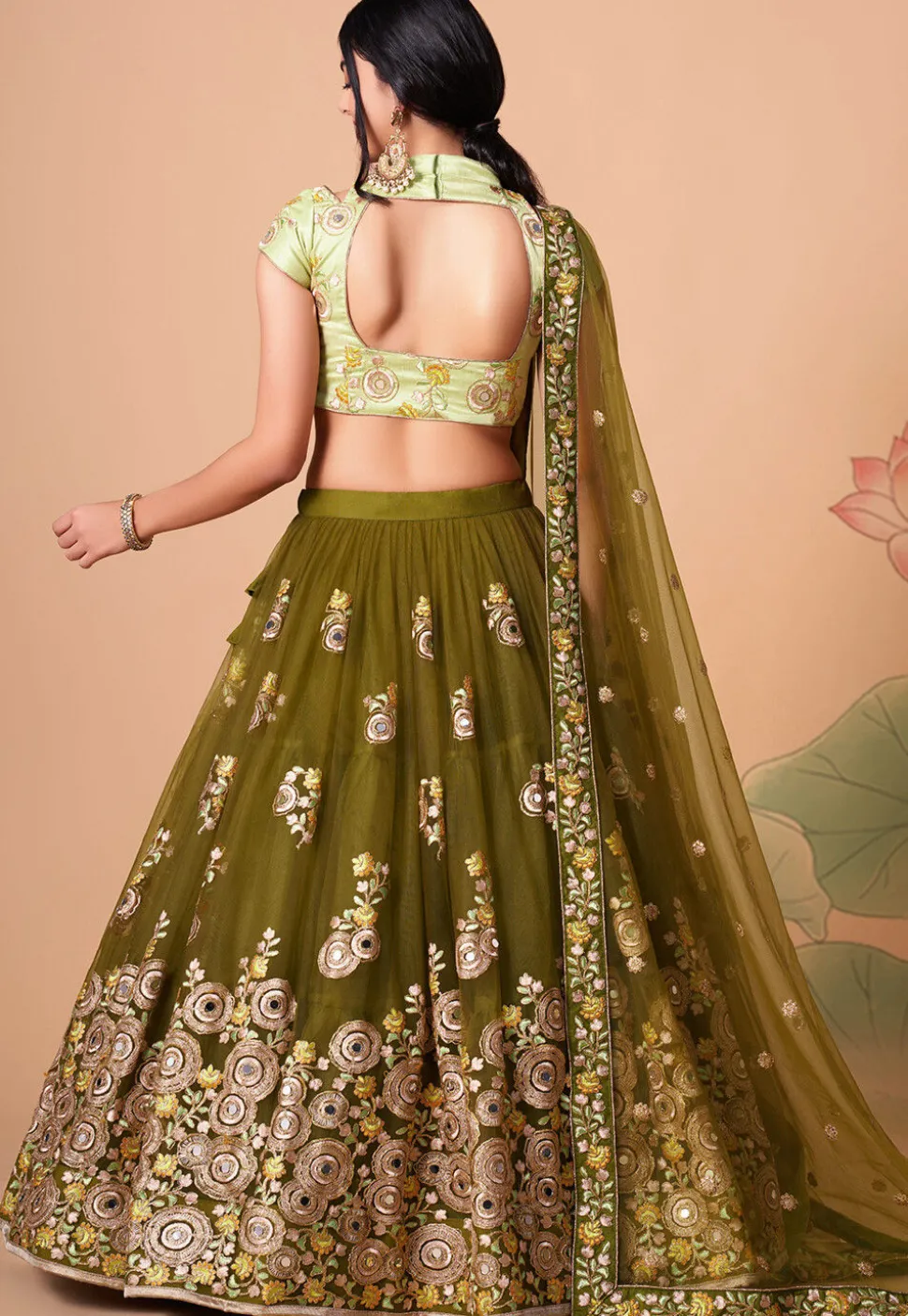 Embroidered Net Lehenga in Olive Green