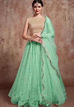 Embroidered Net Lehenga in Sea Green