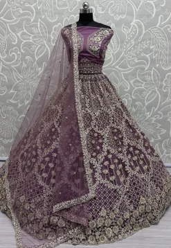 Embroidered Net Lehenga in Purple