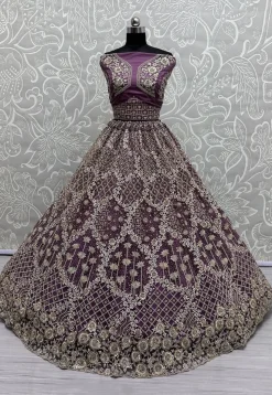 Embroidered Net Lehenga in Purple