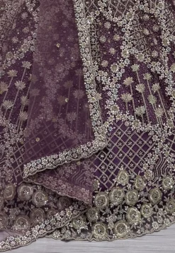 Embroidered Net Lehenga in Purple