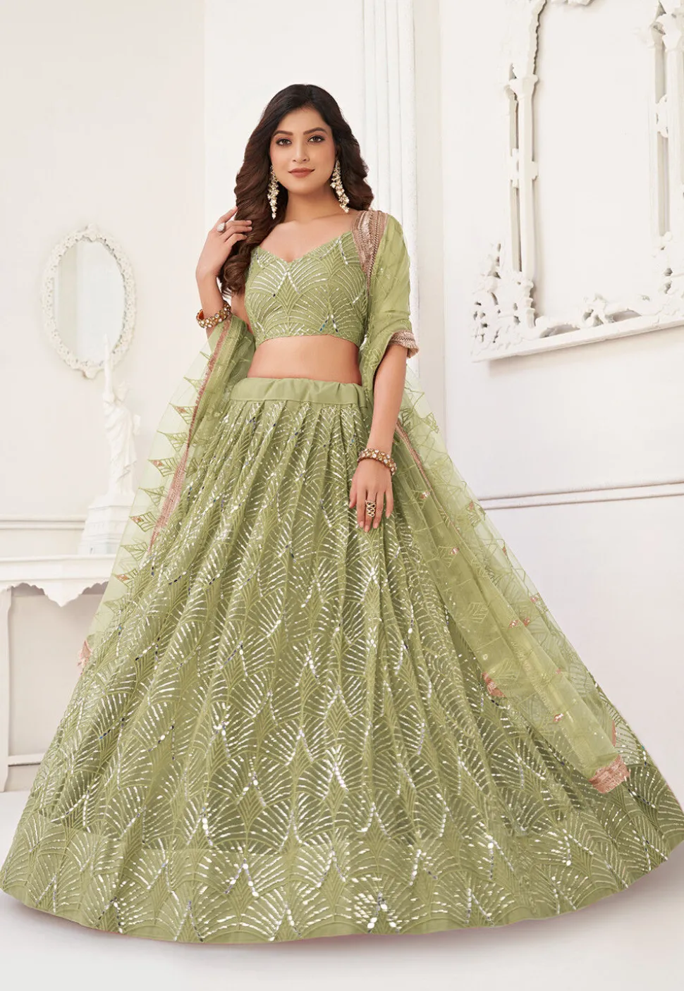 Embroidered Net Lehenga in Light Olive Green