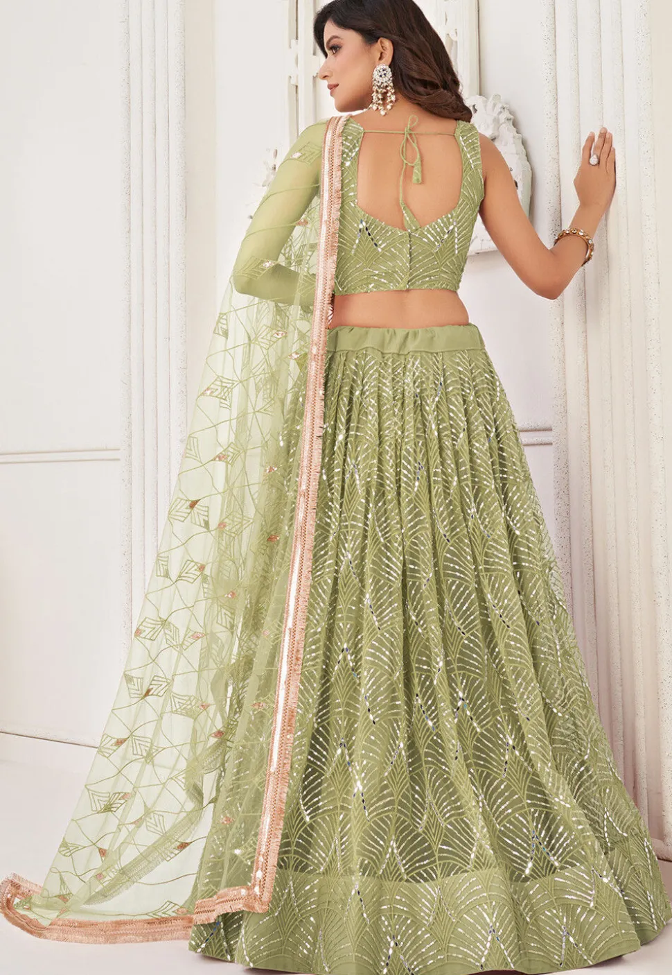 Embroidered Net Lehenga in Light Olive Green