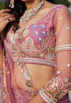 Embroidered Net Lehenga in Pink