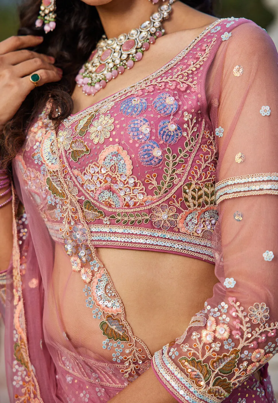 Embroidered Net Lehenga in Pink
