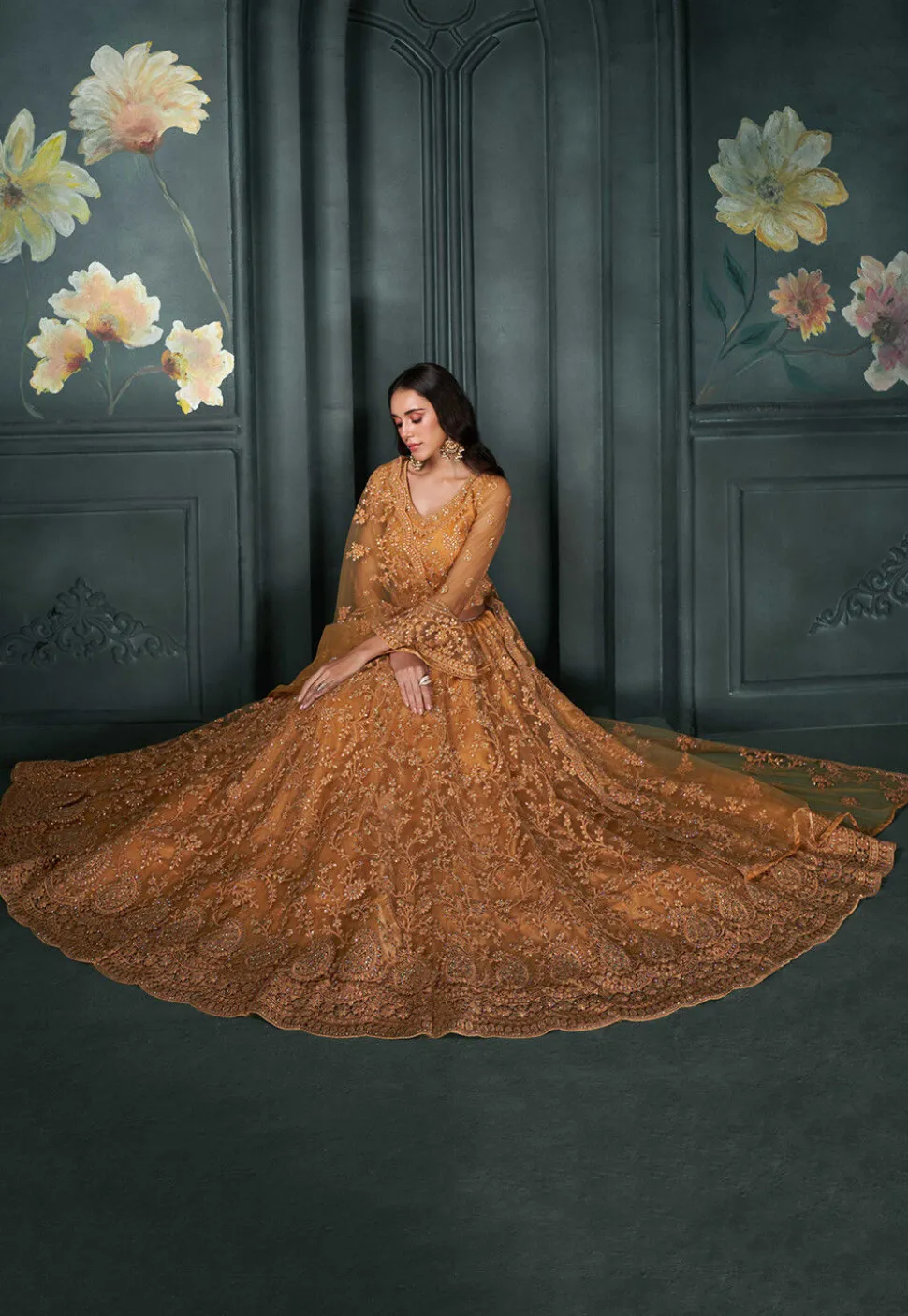 Embroidered Net Lehenga in Orange