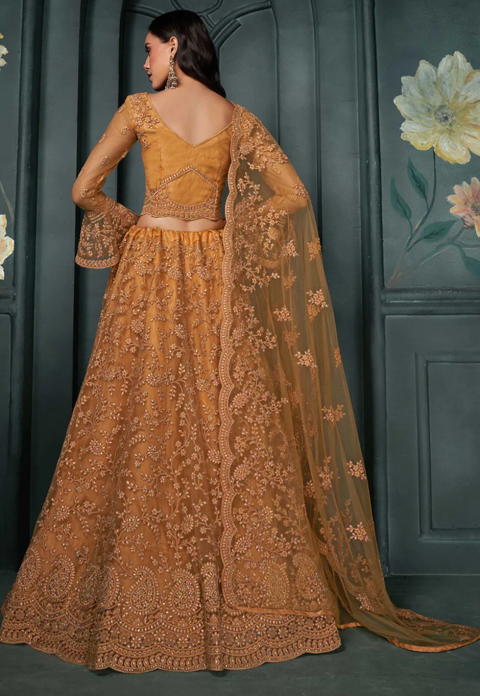 Embroidered Net Lehenga in Orange