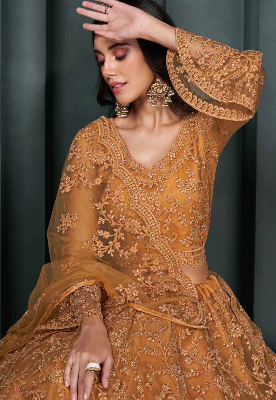 Embroidered Net Lehenga in Orange