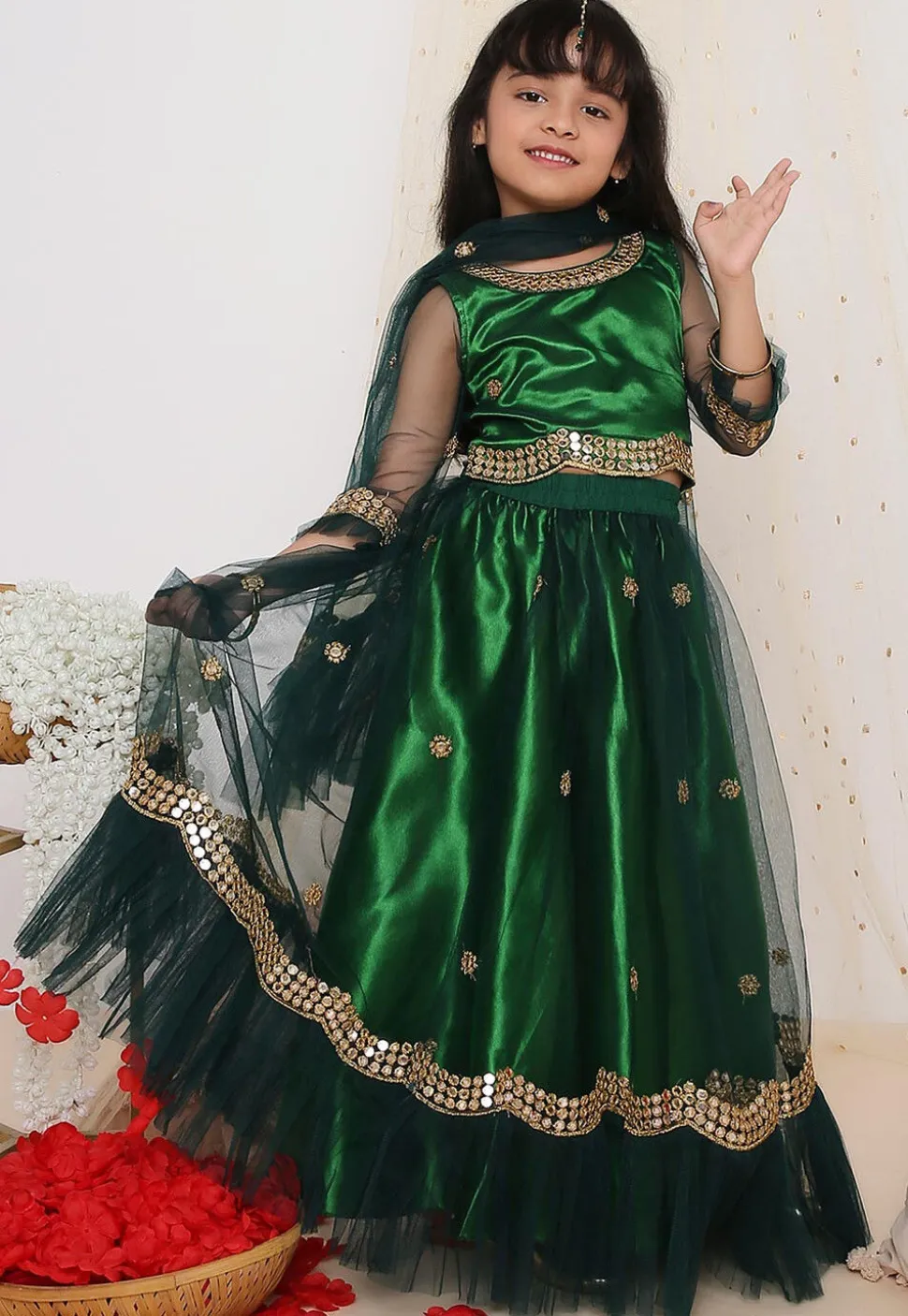 Embroidered Net Lehenga in Dark Green