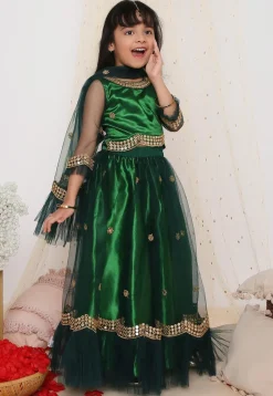Embroidered Net Lehenga in Dark Green