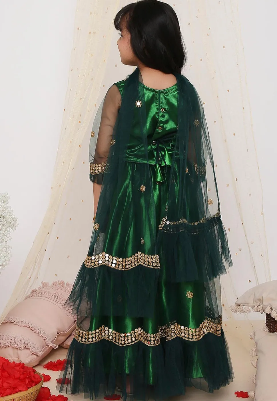 Embroidered Net Lehenga in Dark Green
