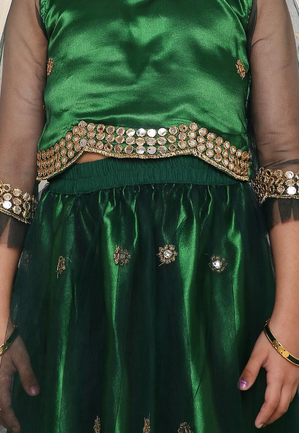 Embroidered Net Lehenga in Dark Green