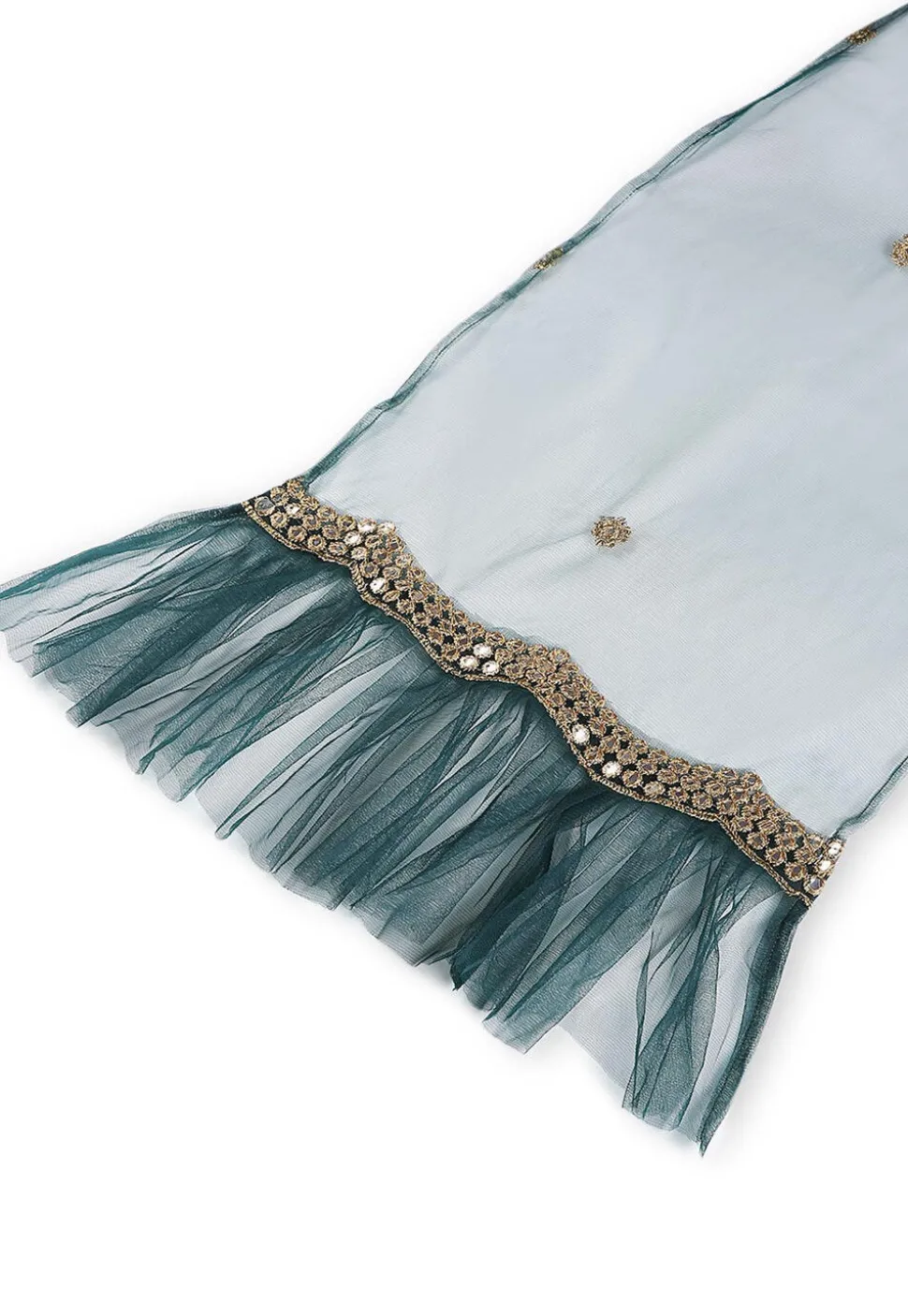 Embroidered Net Lehenga in Dark Green