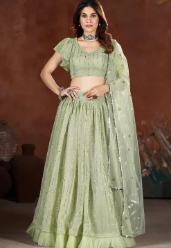 Embroidered Net Lehenga in Light Green